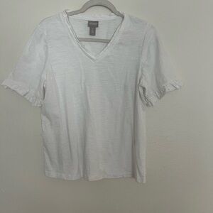 Chico's White V-Neck Short Sleeve Tee with Ruffle Sleeves